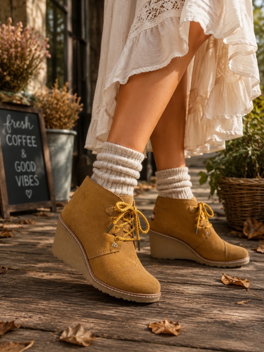 Toms Kala Tan Suede Wedge Lined Desert Women’s Wedge Booties Sz 6.5